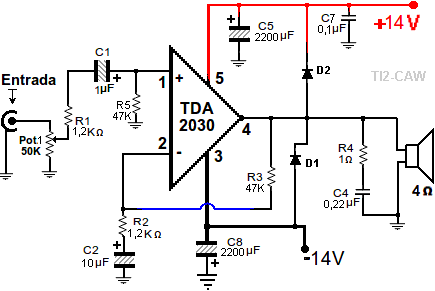 amplificador tda2030 fuente dual