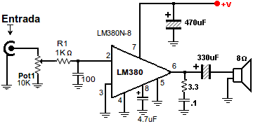 Diagrama de amplificador con LM380