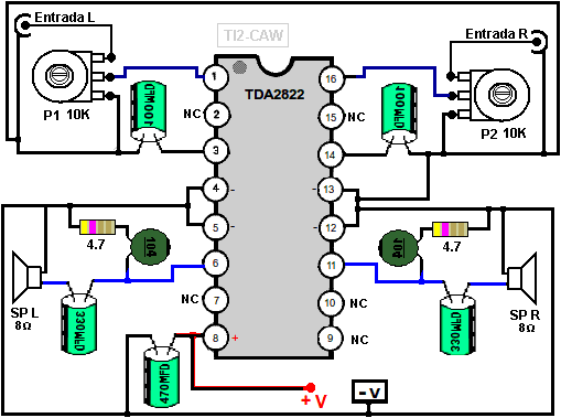 amplificador tda2822 de 16 pines