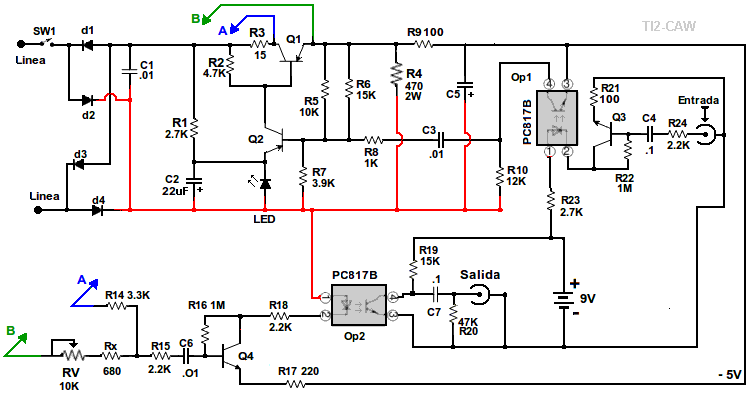 diagrama del hibrido telefonico con entrada de audio
