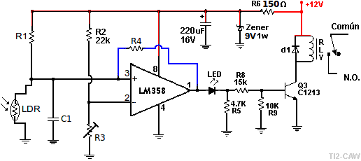 Diagrama de interruptor controlado por la luz con fotorresistencia LDR